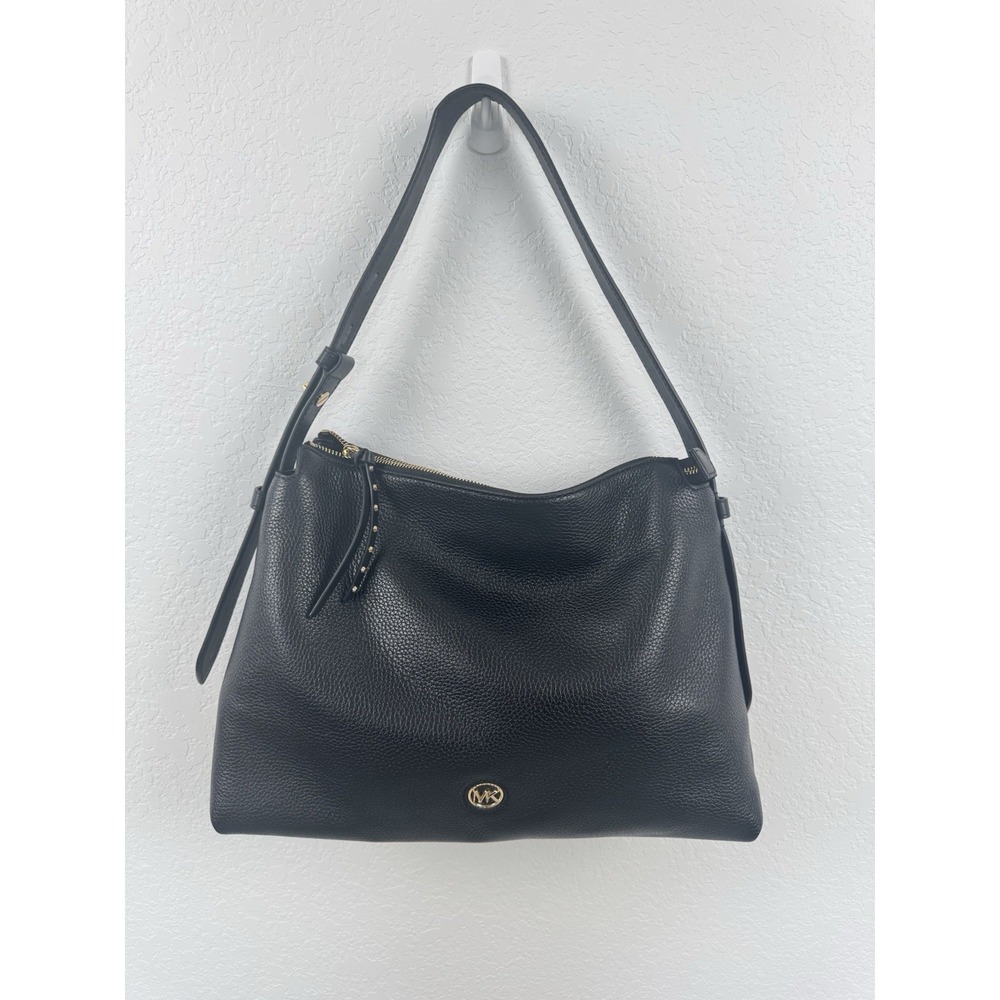Michael Kors Black Pebbled Medium Shoulder Bag Studded Gold Hardware Zip